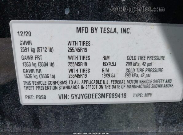 5YJYGDEE3MF089418 2021 TESLA MODEL Y Black Engine compartment view