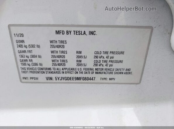 5YJYGDEE9MF080447 2021 TESLA MODEL Y White ძრავის განყოფილების ხედი