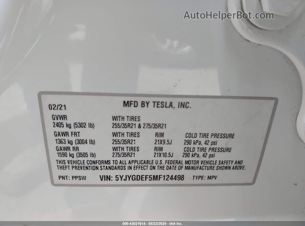 5YJYGDEF5MF124498 2021 TESLA MODEL Y Белый Вид подкапотного пространства