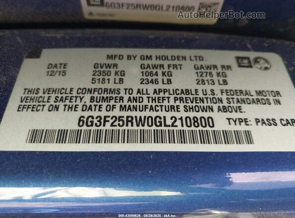 6G3F25RW0GL210800 2016 CHEVROLET SS Blue 