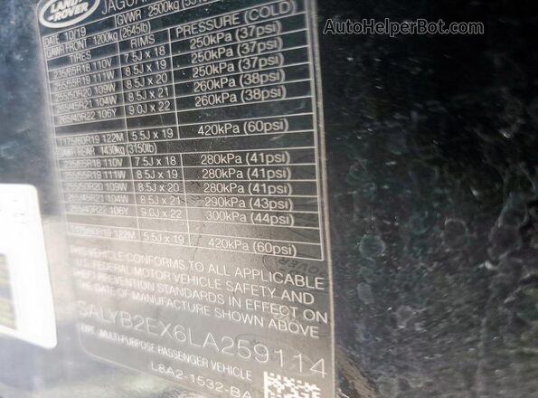 SALYB2EX6LA259114 2020 LAND ROVER RANGE ROVER Black Vista de la etiqueta del VIN