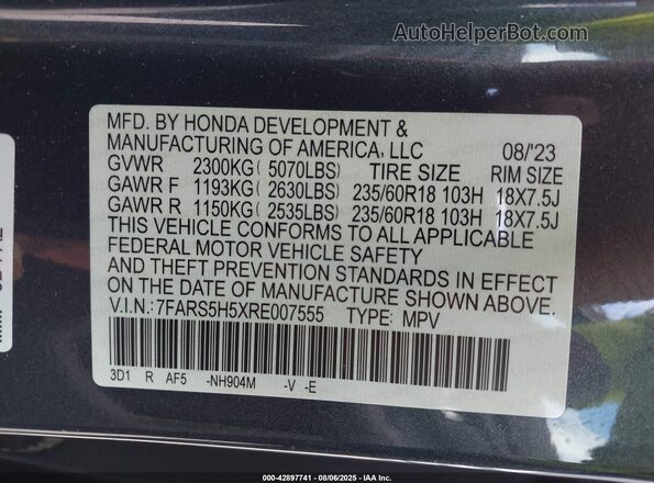 7FARS5H5XRE007555 2024 HONDA CR-V HYBRID Blue 