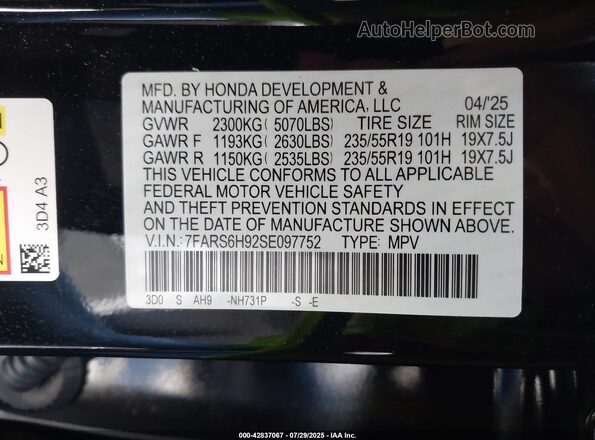 7FARS6H92SE097752 2025 HONDA CR-V Black ძრავის განყოფილების ხედი