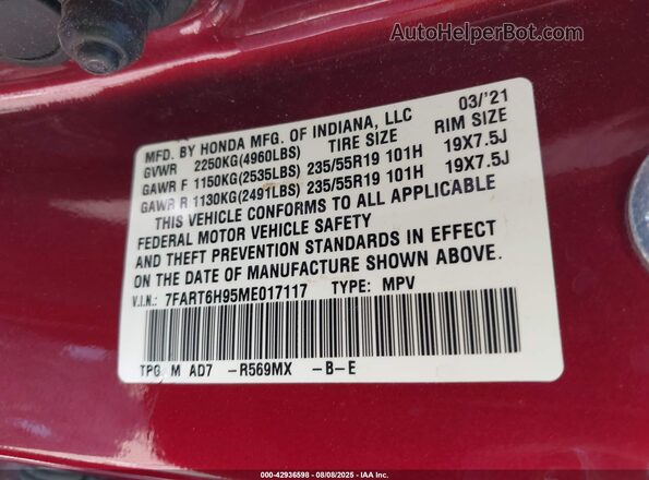 7FART6H95ME017117 2021 HONDA CR-V Red Engine compartment view