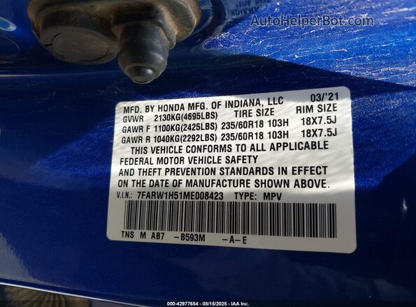 7FARW1H51ME008423 2021 HONDA CR-V Blue Vista del compartimento del motor