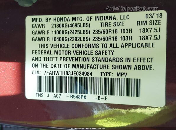 7FARW1H83JE024984 2018 HONDA CR-V Burgundy 