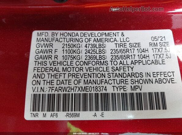 7FARW2H7XME018374 2021 HONDA CR-V Red ძრავის განყოფილების ხედი