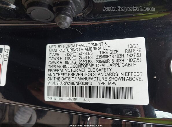 7FARW2H87NE003843 2022 HONDA CR-V Черный Вид подкапотного пространства