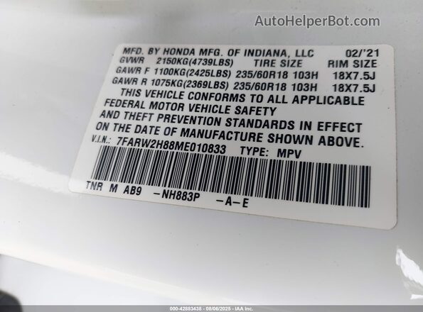 7FARW2H88ME010833 2021 HONDA CR-V White Vista del compartimento del motor