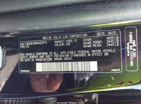 7JR102FZ6MG123774 2021 VOLVO S60 Black Շարժիչի բաժամունքի տեսք
