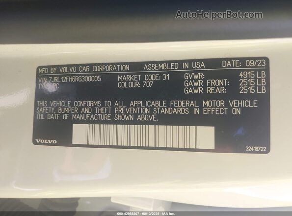 7JRL12FH6RG300005 2024 VOLVO S60 White 