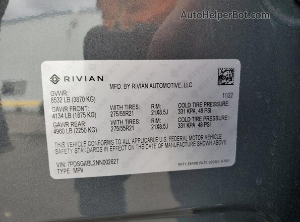 7PDSGABL2NN002627 2022 RIVIAN R1S Серый Вид наклейки с VIN-кодом