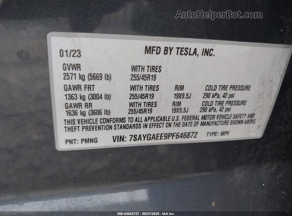 7SAYGAEE9PF646872 2023 TESLA MODEL Y Gray 