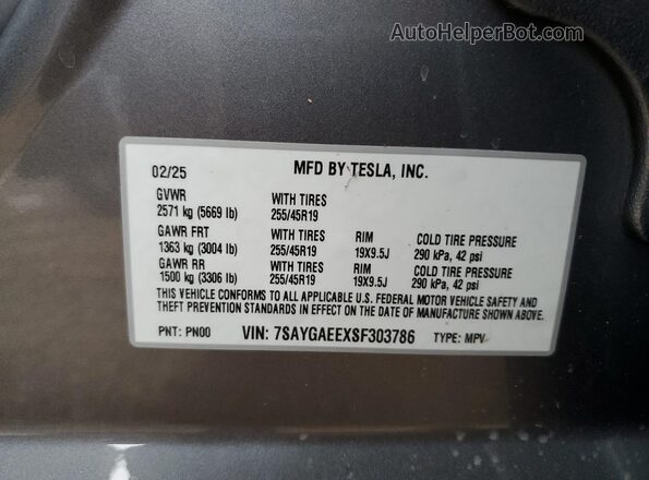 7SAYGAEEXSF303786 2025 TESLA MODEL Silver 