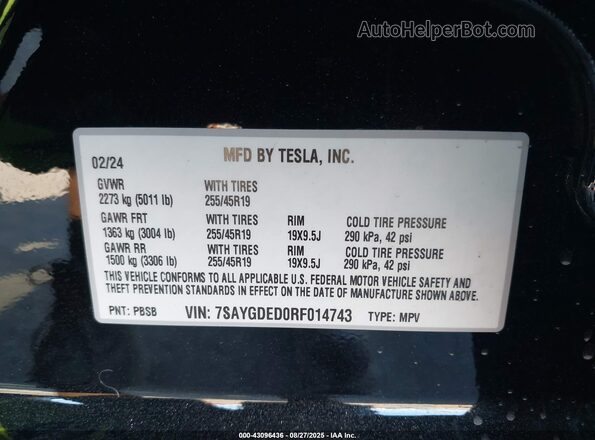 7SAYGDED0RF014743 2024 TESLA MODEL Y Black Vista del compartimento del motor