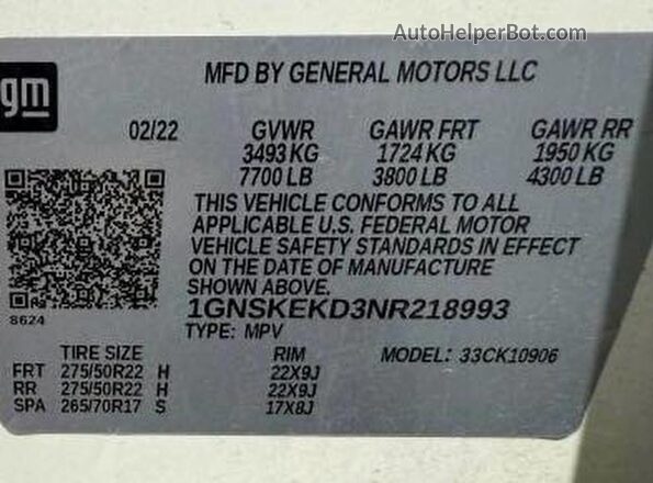 1GNSKEKD3NR218993 2022 CHEVROLET SUBURBAN White 