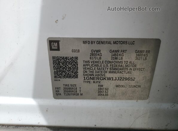 1GNERGKW1JJ229652 2018 CHEVROLET TRAVERSE Белый 