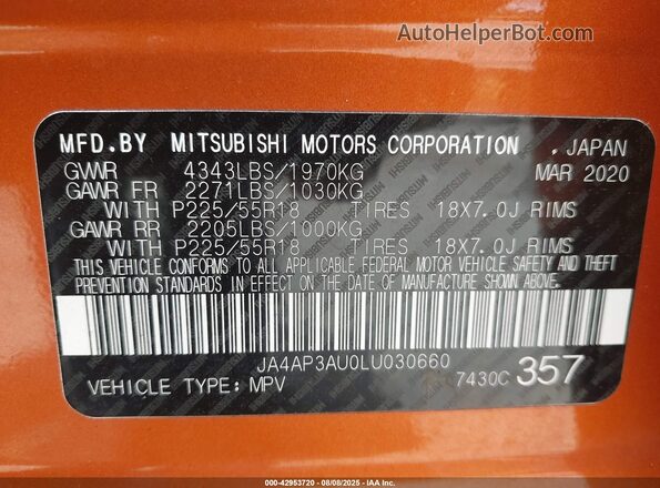 JA4AP3AU0LU030660 2020 MITSUBISHI OUTLANDER SPORT Оранжевый Вид подкапотного пространства