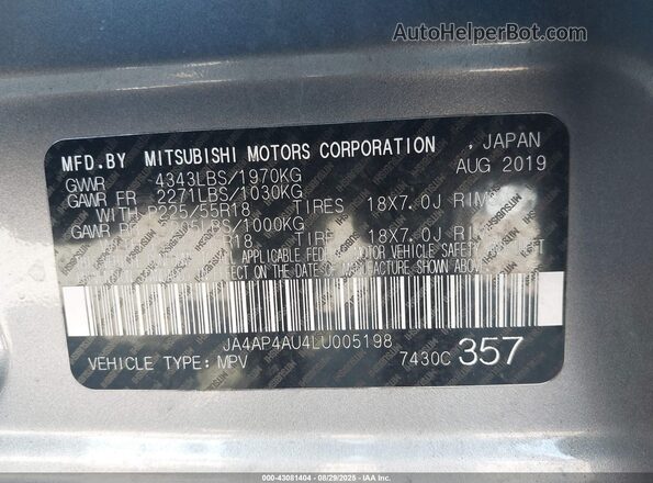 JA4AP4AU4LU005198 2020 MITSUBISHI OUTLANDER SPORT Silver 