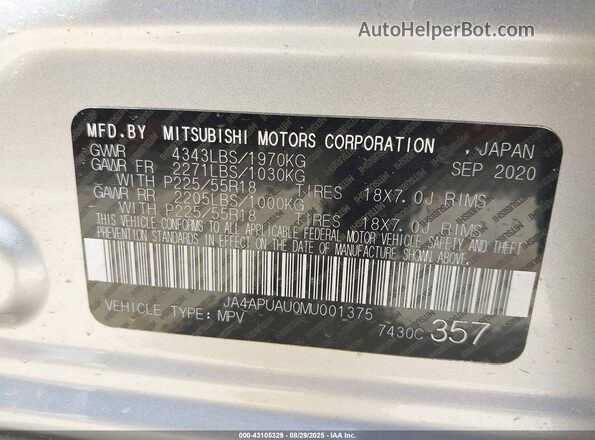 JA4APUAU0MU001375 2021 MITSUBISHI OUTLANDER SPORT Серебряный 
