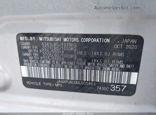 JA4APUAU0MU005863 2021 MITSUBISHI OUTLANDER SPORT Silver 