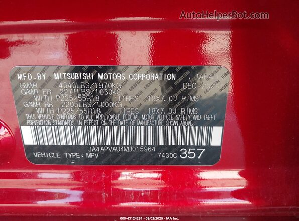 JA4APVAU4MU015964 2021 MITSUBISHI OUTLANDER SPORT Red Vista del compartimento del motor