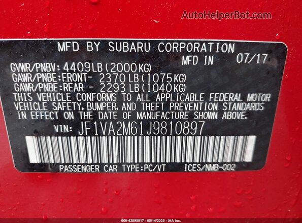 JF1VA2M61J9810897 2018 SUBARU WRX STI Red Engine compartment view
