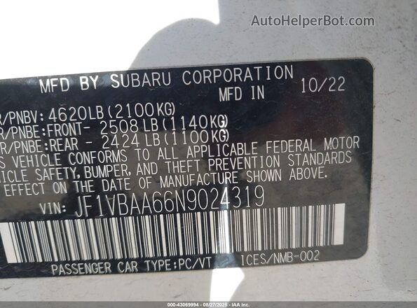 JF1VBAA66N9024319 2022 SUBARU WRX White Vista del compartimento del motor