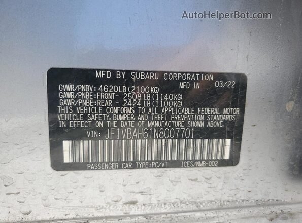 JF1VBAH61N8007701 2022 SUBARU WRX Silver Շարժիչի բաժամունքի տեսք