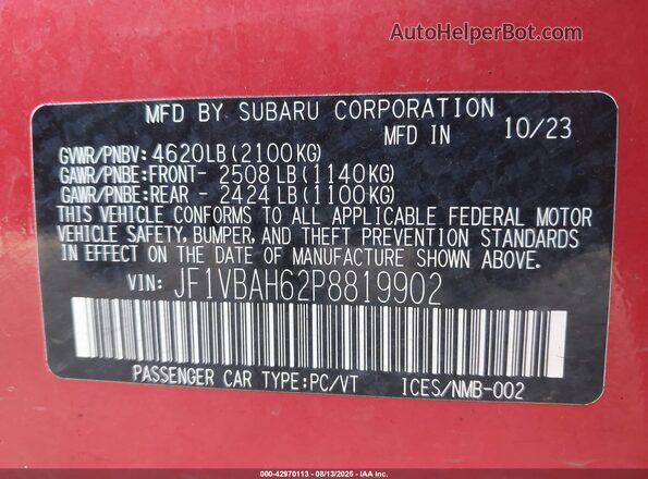 JF1VBAH62P8819902 2023 SUBARU WRX Red 