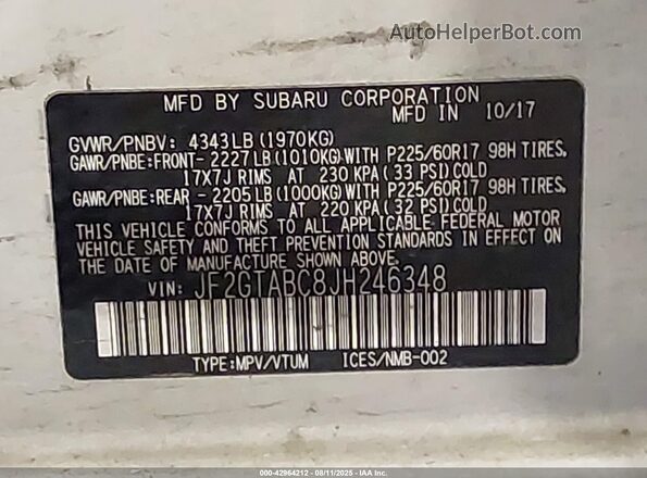 JF2GTABC8JH246348 2018 SUBARU CROSSTREK Белый Вид подкапотного пространства