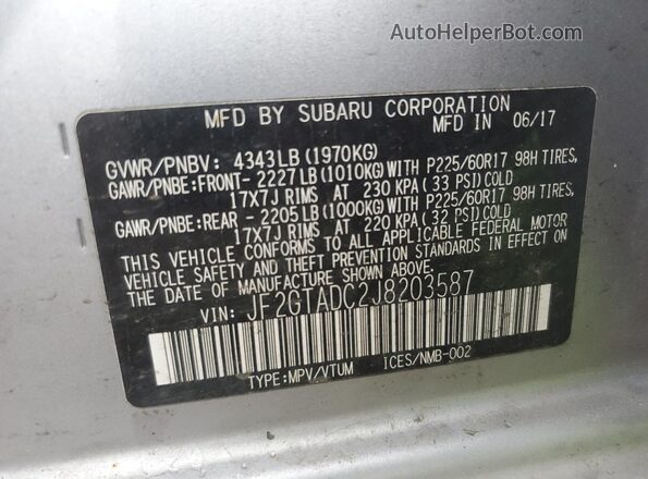 JF2GTADC2J8203587 2018 SUBARU CROSSTREK Silver 