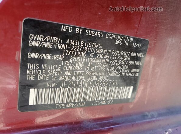 JF2GTADC5J8282799 2018 SUBARU CROSSTREK Burgundy 