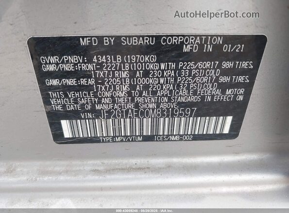 JF2GTAEC0M8319597 2021 SUBARU CROSSTREK Gray Շարժիչի բաժամունքի տեսք