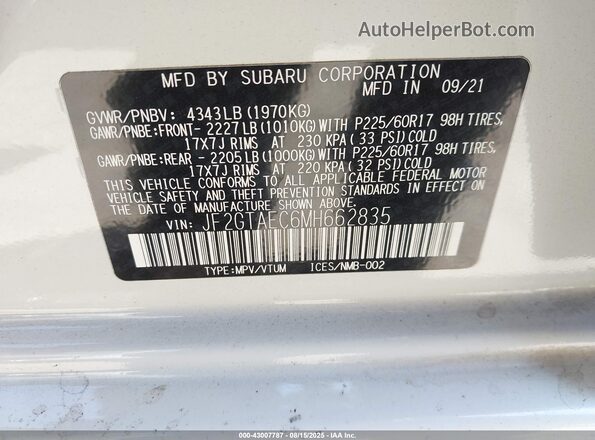 JF2GTAEC6MH662835 2021 SUBARU CROSSTREK White Вид підкапотного простору
