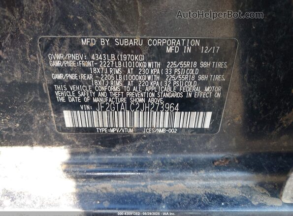 JF2GTALC2JH273964 2018 SUBARU CROSSTREK Gray 