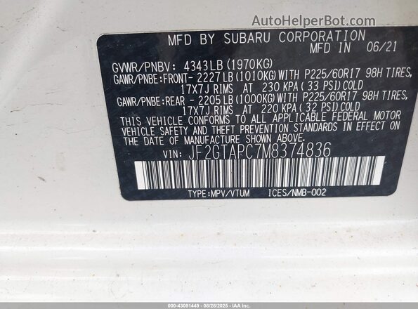 JF2GTAPC7M8374836 2021 SUBARU CROSSTREK White ძრავის განყოფილების ხედი