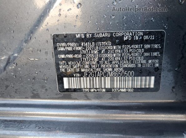 JF2GTAPC7M8650500 2021 SUBARU CROSSTREK Gray Widok naklejki z numerem VIN