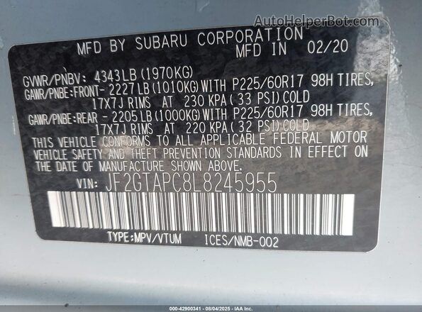 JF2GTAPC8L8245955 2020 SUBARU CROSSTREK Light Blue Вид підкапотного простору