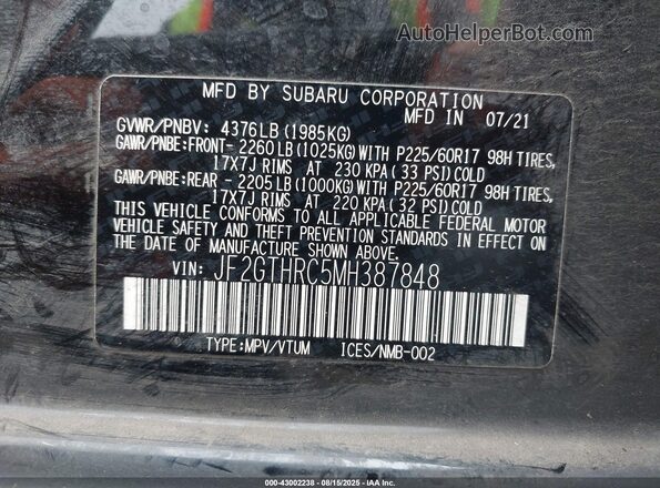 JF2GTHRC5MH387848 2021 SUBARU CROSSTREK Black Vista del compartimento del motor