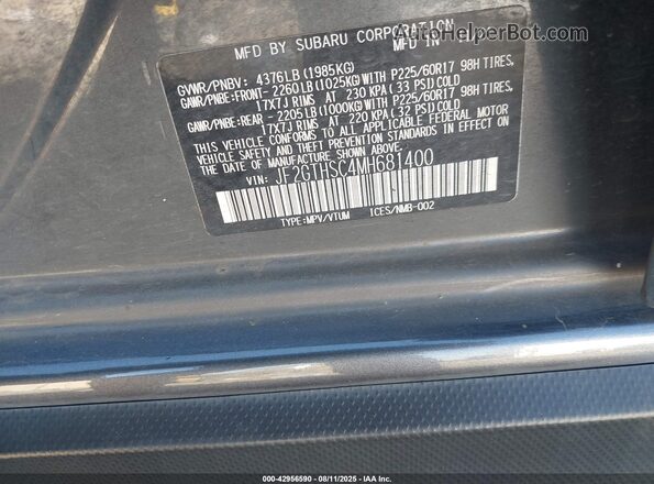 JF2GTHSC4MH681400 2021 SUBARU CROSSTREK Gray Vista del compartimento del motor