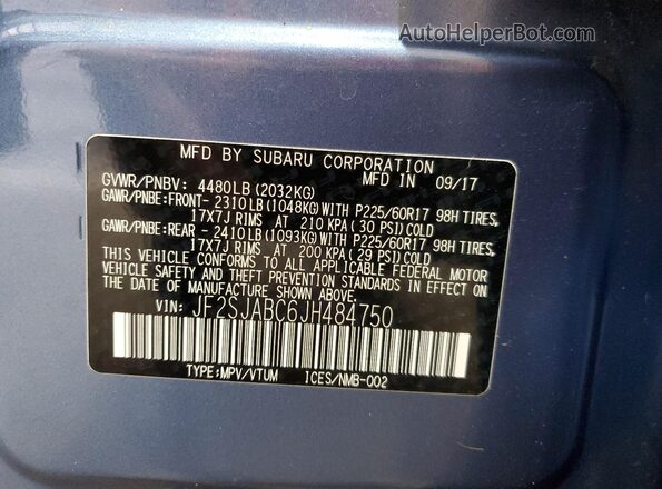 JF2SJABC6JH484750 2018 SUBARU FORESTER 2.5 Синий 