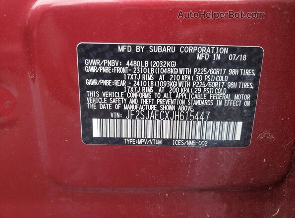 JF2SJAECXJH615447 2018 SUBARU FORESTER 2.5 Red 