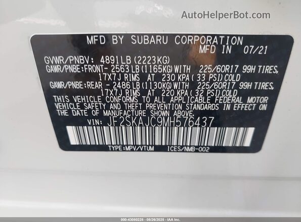 JF2SKAJC9MH576437 2021 SUBARU FORESTER Белый 