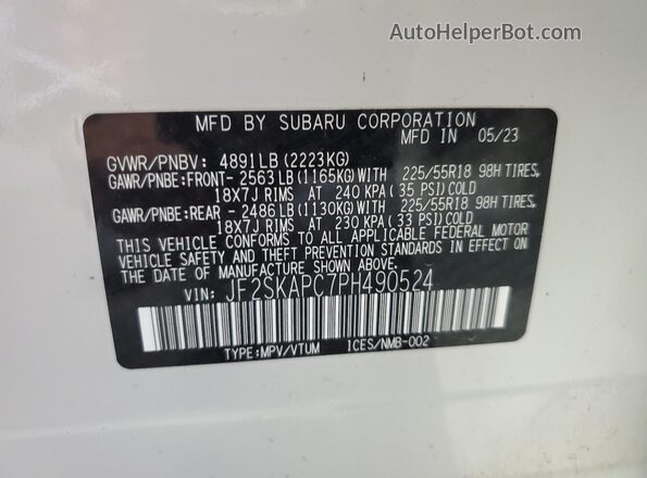 JF2SKAPC7PH490524 2023 SUBARU FORESTER Белый Вид наклейки с VIN-кодом