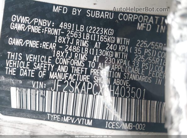 JF2SKAPCXKH403501 2019 SUBARU FORESTER White Engine compartment view