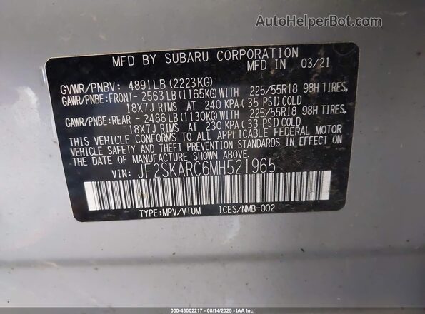 JF2SKARC6MH521965 2021 SUBARU FORESTER Silver Вид підкапотного простору