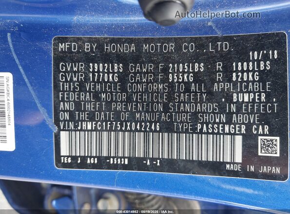 JHMFC1F75JX042246 2018 HONDA CIVIC Blue 