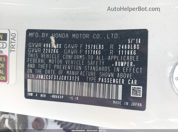 JHMZC5F31JC013125 2018 HONDA CLARITY PLUG-IN HYBRID White 