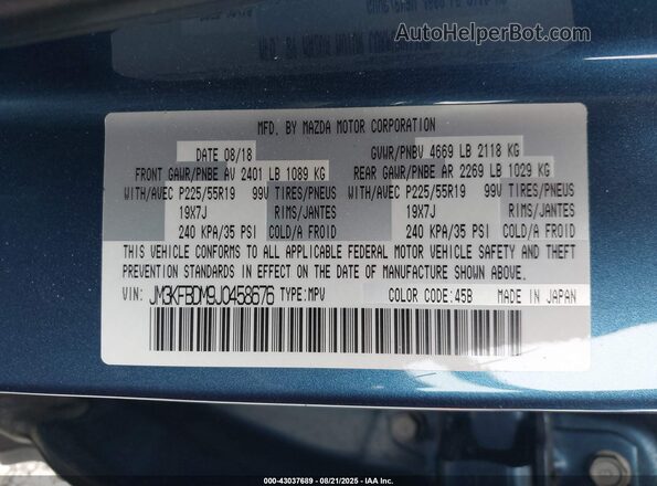 JM3KFBDM9J0458676 2018 MAZDA CX-5 Blue 